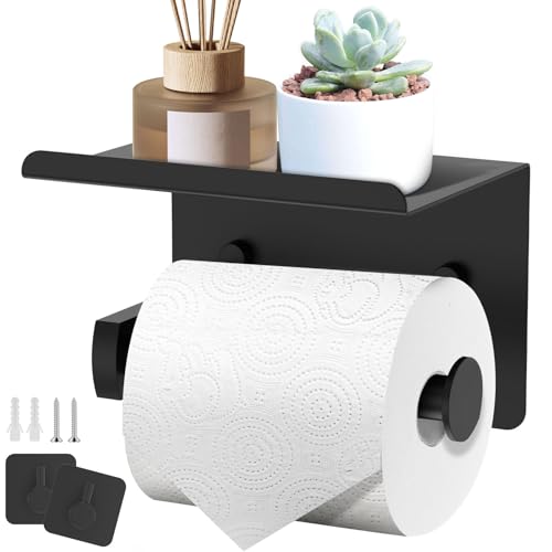 Toilettenpapierhalter mit Ablage Edelstahl Klopapierhalter mit 2 Selbstklebenden Haken Rostfrei Multifunktionale Klorollenhalter WC Papier Halterung für Bad Küche (Schwarz) von GWCYMYD