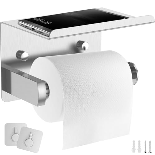 Toilettenpapierhalter mit Ablage Edelstahl Klopapierhalter mit 2 Selbstklebenden Haken Rostfrei Multifunktionale Klorollenhalter WC Papier Halterung für Bad Küche (Silber) von GWCYMYD