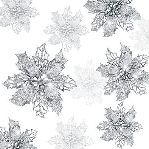 GWHOLE 21 Stück Weihnachtsblume Weihnachtsbaumschmuck Blume Künstliche Blüte Glitzer Christbaumschmuck Silber Weihnachten von GWHOLE