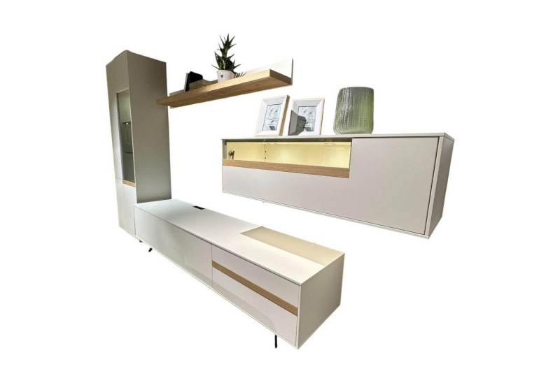 GWINNER Anbauschrank Wohnwand Calea Lack Seidenmatt Weiß Akzent Wildeiche Natur Mit von GWINNER