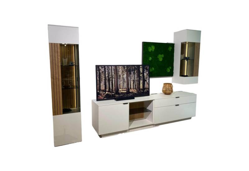 GWINNER Anbauschrank Wohnwand Linera Seidenmatt Weiß Wildeiche Natur Moos von GWINNER