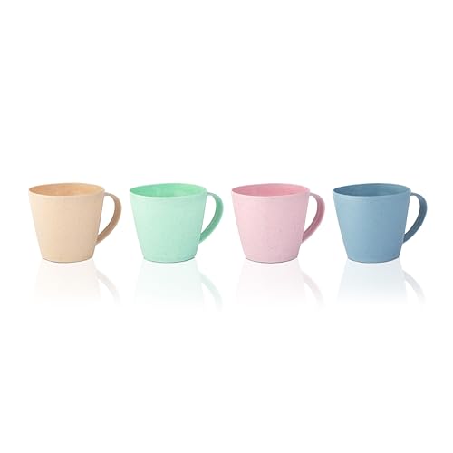 GWOZI Kaffeetassen aus Weizenstroh - Unzerbrechliche Kaffeetasse Set von 4 - Leichte Tassen für Kaffee, Tee, Suppe, Wasser, Mundwasser - Wiederverwendbare Kunststoffbecher mit Griffen für Küche & Bad von GWOZI