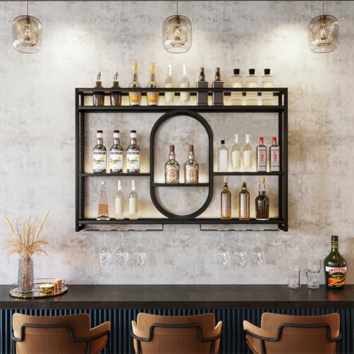 GWPGJW Modernes Weinregal Wandmontage aus Metall mit LED-Beleuchtung - Industrielles Design - Elegante Aufbewahrung für Weinflaschen in Bar, Küche, Wohnzimmer - Platzsparend & Robust (Black, 1.4m) von GWPGJW