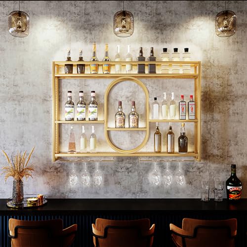 GWPGJW Modernes Weinregal Wandmontage aus Metall mit LED-Beleuchtung - Industrielles Design - Elegante Aufbewahrung für Weinflaschen in Bar, Küche, Wohnzimmer - Platzsparend & Robust (Gold, 1.2m) von GWPGJW