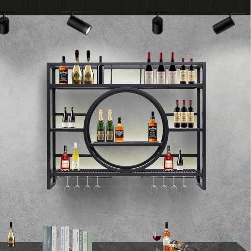 GWPGJW Weinregal Wand Metall, Bar Regal mit Weingläserhalter - Modernes Weinflaschenregal für Küche, Esszimmer, Home Bar und Restaurant, Wandmontage Mit LED-Beleuchtung (Schwarz, 120cm) von GWPGJW