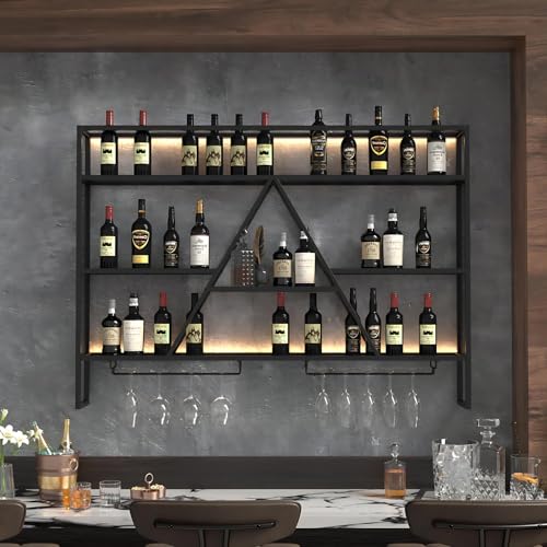 GWPGJW Weinregal Wand Metall Schwarz, 3-stöckiges XXL Bar Regal mit LED-Beleuchtung & Dampfglas-Haltern - Großzügiges Weinlager für Flaschen & Gläser (Home Bar/Küche/Restaurant) (schwarz, 120cm) von GWPGJW
