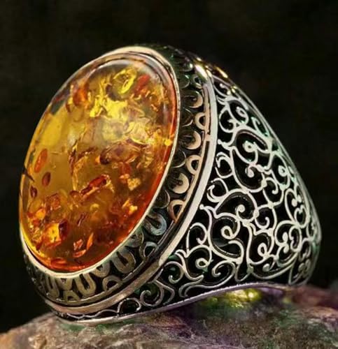 GWSGSFAS Schmuck Retro Natur Smaragd Alt Silber Geschnitzt Totem Herren Ring-Bernstein-13 GWSGSFAS Schmuck Retro Natur Smaragd Alt Silber Geschnitzt Totem Herren Ring-Bernstein-13 von GWSGSFAS