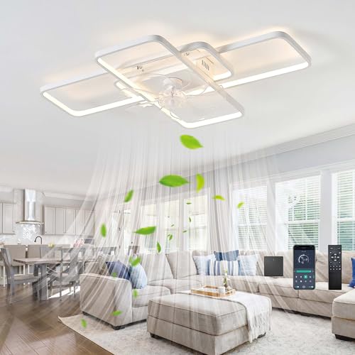 120W Groß Ventilator Mit Licht Modern Dimmbar LED Deckenventilator Mit Beleuchtung Und Fernbedienung/APP Reversibel 6 Gang Timer Leise Lampe Mit Ventilator Für Wohnzimmer Schlafzimmer-White||85cm von GWYAJTU