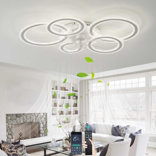 5 Ring Lampe Mit Ventilator Und Memory Funktion, Leise Schlafzimmer Deckenlampe Mit Ventilator, 6 Gang DC Reversibel LED Dimmbar Modernes Deckenventilator Mit Beleuchtung Und Fernbedienung, Weiß von GWYAJTU