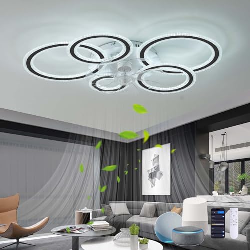 5 Ring lampe ventilator Kompatibel mit Alexa Google Assistant, Leise Schlafzimmer Deckenlampe Mit Ventilator, 6 Gang Reversibel LED Dimmbar Deckenventilator Mit Beleuchtung Und Fernbedienung, Schwarz von GWYAJTU