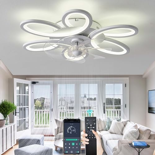 65cm Deckenlampe Mit Ventilator DC 6 Gang Reversibel Leise Schlafzimmer Ventilator Mit Licht Und Memory-Funktion LED Dimmbar Blume Deckenventilator Mit Beleuchtung Und Fernbedienung Für Büro, Weiß von GWYAJTU