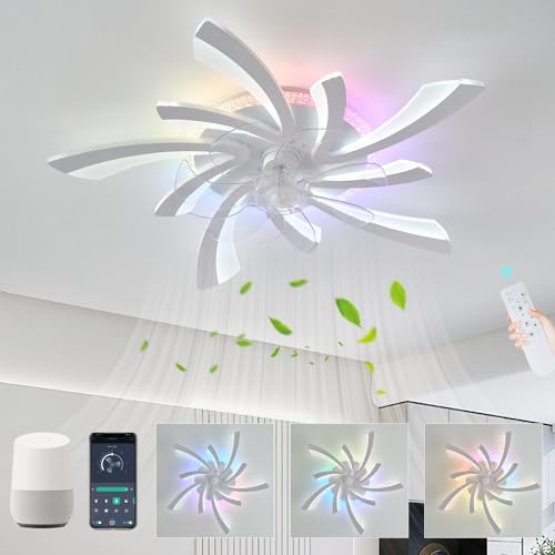 GWYAJTU RGB Deckenventilator Mit Beleuchtung Kompatibel mit Alexa, Moderne Blume Ventilator Lampe LED Dimmbar, 6 Gang DC Motor Reversibler Deckenlampe Mit Ventilator Für Schlafzimmer Wohnzimmer-Weiß von GWYAJTU