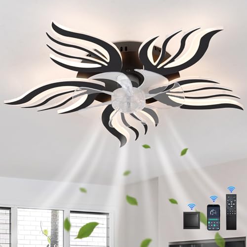 GWYAJTU Schlafzimmer Deckenventilator Licht Mit Fernbedienung APP,LED Dimmbar Lampe Mit Ventilator Mit Memory Funktion,6 Gang Reversibel Blume Ventilator Mit Licht Mit Timer Für Wohnzimmer, Schwarz von GWYAJTU
