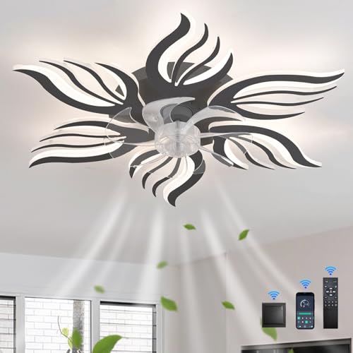 GWYAJTU Schlafzimmer Deckenventilator Licht Mit Fernbedienung APP,LED Dimmbar Lampe Mit Ventilator Mit Memory Funktion,6 Gang Reversibel Blume Ventilator Mit Licht Mit Timer Für Wohnzimmer, Schwarz von GWYAJTU