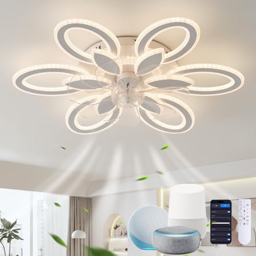 LED Lampe Mit Ventilator Leise Reversibel 6 Gang Deckenleuchte Mit Ventilator, Dimmbar Deckenventilator Mit Beleuchtung kompatibel Compatible Google Assistant/Alexa Für Schlafzimmer Wohnzimmer, Weiß von GWYAJTU