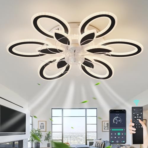 LED Lampe Mit Ventilator Leise Reversibel 6 Geschwindigkeiten Deckenleuchte Mit Ventilator, Dimmbar Timer Deckenventilator Mit Beleuchtung Und Fernbedienung Für Schlafzimmer Wohnzimmer, Schwarz von GWYAJTU
