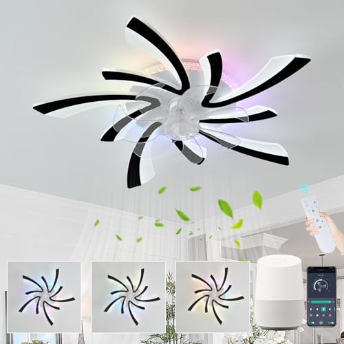 RGB Deckenventilator Mit Beleuchtung Kompatibel mit Alexa, Moderne Blume Ventilator Lampe LED Dimmbar, 6 Gang DC Motor Reversibler Deckenlampe Mit Ventilator Für Schlafzimmer Wohnzimmer-Schwarz von GWYAJTU