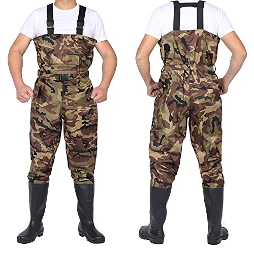 GXFXLP Anglerhose Wasserdicht mit Stiefel, Wathose Herren Camouflage Wathose rutschfest, Angelhose Herren Watstiefel Herren Teichhose Kältebeständig,UK 11/EU 45 von GXFXLP