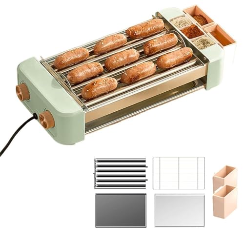 Hot-Dog-Maschinen-Set for den Haushalt, Hot-Dog-Roller-Maschine mit Grill und Gewürzbox, Temperaturregelung 120–250 °C, 360 ° Drehung, for Frühstückswurstbrötchen(Green) von GXGSDM