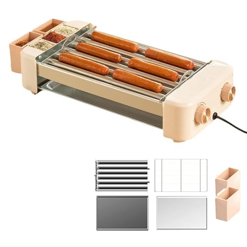 Hot-Dog-Maschinen-Set for den Haushalt, Hot-Dog-Roller-Maschine mit Grill und Gewürzbox, Temperaturregelung 120–250 °C, 360 ° Drehung, for Frühstückswurstbrötchen(White) von GXGSDM