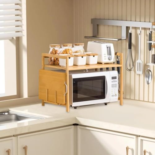GXLBDK Bamboo Mikrowellenständer Mikrowellenhalte Mit Schneidebrettständer Und 4 Hacken, Multifunktional Holz Mikrowellenhalterung Für Küchen,Log Color,One Floor von GXLBDK