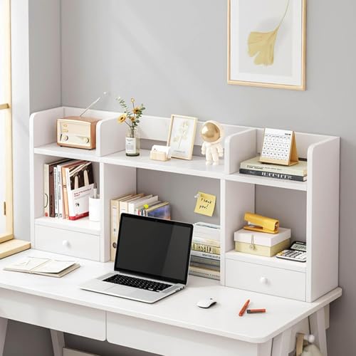 GXLBDK Desktop Bücherregal Computer, Holz Tischhutch Mit 5 Regalen Und 2 Schubladen, 2-Stufiges Aufbewahrungsregal Zur Anzeige Für Das Home Office,Weiß,39 * 6 * 20in von GXLBDK