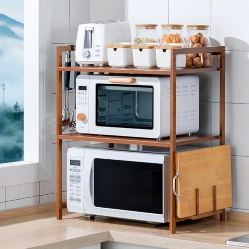 GXLBDK Mikrowellen Regal, Gewürzregale, Erweiterbares Mikrowellenständer, Mikrowellenhalter Organizer Küchenregal Stehend, Arbeitsplatte Küche,Braun,Two Floors von GXLBDK