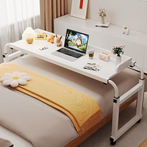 GXQFC Über-Betttisch auf 4 Rollen, Mobiler Schreibtisch Pflegetisch Höhenverstellbar 65-95CM/Breitenverstellbar 115-210CM Overbed Table Mobiler Schreibtisch Pflegetisch Laptoptisch(Color:Weiß) von GXQFC