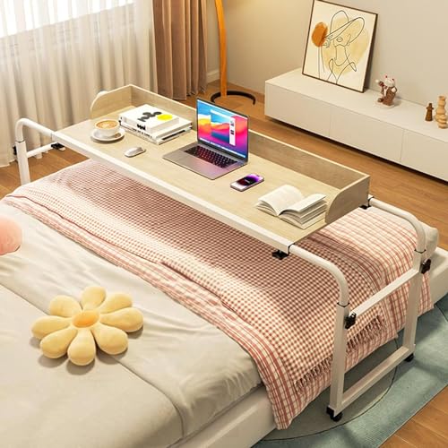 GXQFC Überbett-Schreibtisch mit Rollen, Höhen- und Breitenverstellbarer Laptop-Tisch Breite 115-210 cm & Höhe 65-95 cm Steharbeitsplatz Mobiler Kreuzbetttisch für das Heimbür(Color:Holz) von GXQFC