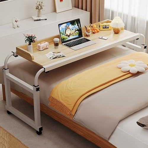 Schreibtisch über Dem Bett, Steharbeitsplatz mit 4 Rollen Höhenverstellbar 65-95CM/Breitenverstellbar 115-210CM Overbed Table Mobiler Schreibtisch Pflegetisch Laptoptisch für Tägliche(Color:Holz) von GXQFC