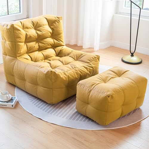 Sitzsack Faules Sofa mit Fußhocker mit Füllung, Langlebige Komfortliege Sitzsack mit Hoher Rückenlehne Couch for Erwachsene und Kinder Drinnen und Draußen(Size:80*75*70CM,Color:Yellow + Pedals) von GXQFC