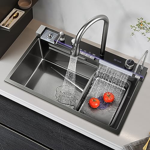 Edelstahl Einbauspüle Küchenspüle 75x45cm Spülbecken Schwarz Waschbecken Küche Spüle1 Becken mit Doppelseitigem Wasserfall Spüle mit Wasserhahn,Glasspüler, Seifenspender" 8 (75cm) von GXSDYYDS