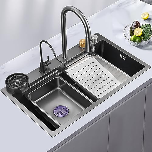 Einbauspüle Küchenspüle Spülbecken Spüle mit Abtropffläche Schwarz 80 x 45 x 22 cm Spüle Küche Edelstahl Kitchen Sink Waschbecken Küche mit Wasserhahn und Trinkwasserhahn von GXSDYYDS