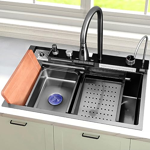 Einbauspüle Schwarz Küchenspüle Edelstahl Spülbecken Spüle mit Abtropffläche Schwarz 80 x 45 x 22 cm Spüle Küche Edelstahl Kitchen Sink Waschbecken Küche mit Wasserhahn und Trinkwasserhahn 5 (80CM) von GXSDYYDS