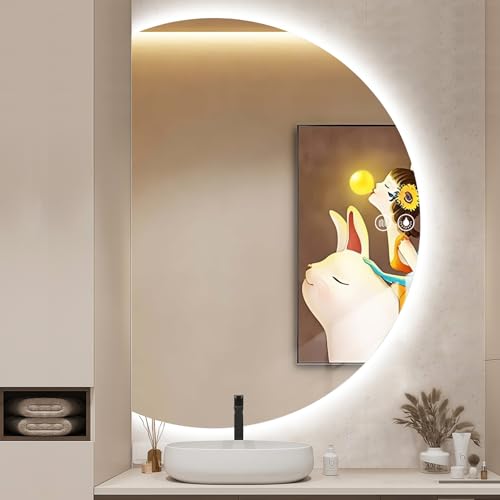 GXSDYYDS Badspiegel mit Beleuchtung 120 × 84cm Asymmetrischer Badezimmerspiegel mit Beleuchtung, LED Halbrunder Spiegel mit 3 Lichtfarbe Dimmbar, Wandspiegel mit Steckdose, Beschlagfrei (A, 120×84CM) von GXSDYYDS