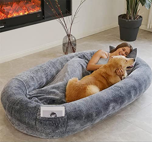 Hundebett,Katzenbett, Hundebett Grosse Hunde 175x100x30cm Hundebett für Menschen OrthopäDisches Hundebett Flauschig Hundekissen Hundekörbchen mit Hoher Rand Waschbar Hundesofa mit Decke und Kissen von GXSDYYDS