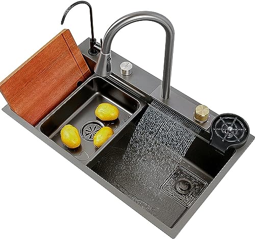 Einbauspüle Schwarz Küchenspüle Edelstahl Spülbecken Spüle mit Abtropffläche Schwarz 80 x 45 x 22 cm Spüle Küche Edelstahl Kitchen Sink Waschbecken Küche mit Wasserhahn und Trinkwasserhahn von GXSDYYDS