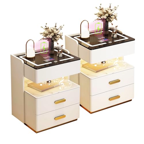 Nachttisch 2er Set, Nachttische mit Bluetooth-Lautsprecher & Ladefunktion, Nachtschrank mit LED Dimmbar, Nachtkommode mit Sensorlicht,2 Schubladen offenem Fach,Beistelltisch,Sofatisch für Schlafzimmer von GXSDYYDS