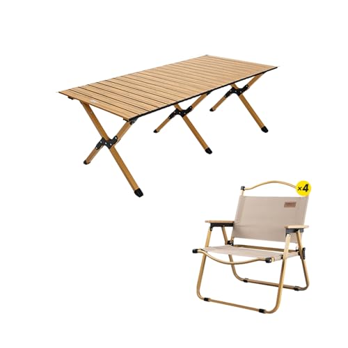 GXYHJVMFPSC Outdoor-Klappstuhl Klapptisch Outdoor Camping Reise Strand Picknick Lange Tisch 4 Stühle-Wood Color von GXYHJVMFPSC