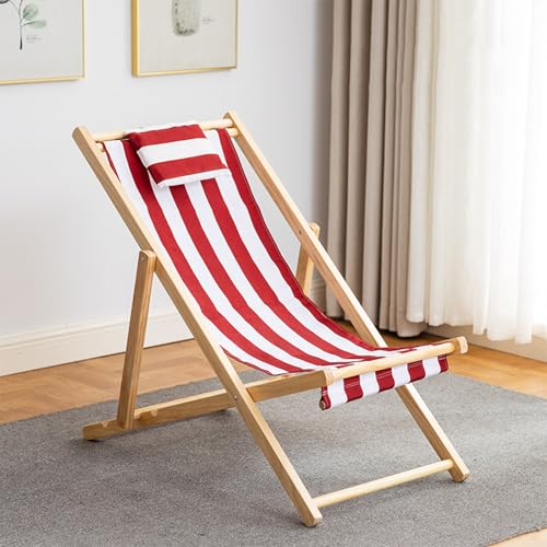 GXYHJVMFPSC Rot-weiß gestreifter Liegestuhl im Freien Strandkorb Pool Massivholz Klappstuhl Mittagspause Balkon Leinwand Stuhl-Log||with Pillow von GXYHJVMFPSC