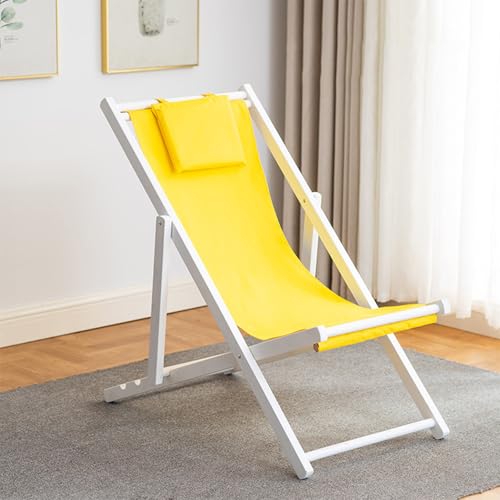 GXYHJVMFPSC Weißer Rahmen Outdoor Strandkorb Pool Lounge Stuhl Massivholz Klappstuhl Mittagspause Balkon Leinwand Stuhl-Yellow||with Pillow von GXYHJVMFPSC