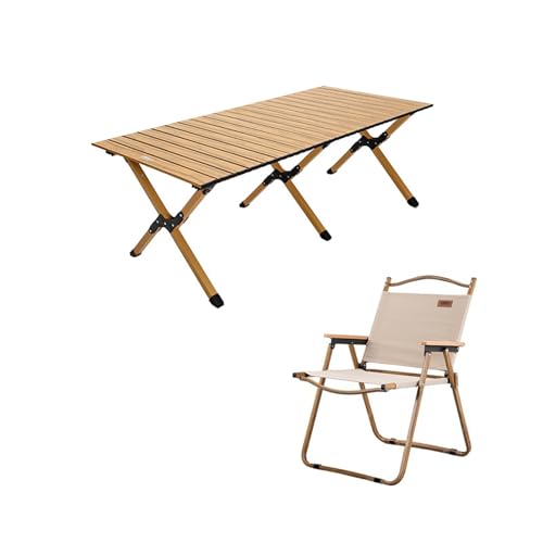 GXYHJVMFPSC Wood Color Tragbarer Klappstuhl Für Den Außenbereich Eierrollen-Klapptisch 120 cm Langer Tisch Outdoor Camping Reisen Strand Picknick 1 Tisch 4 Stühle von GXYHJVMFPSC