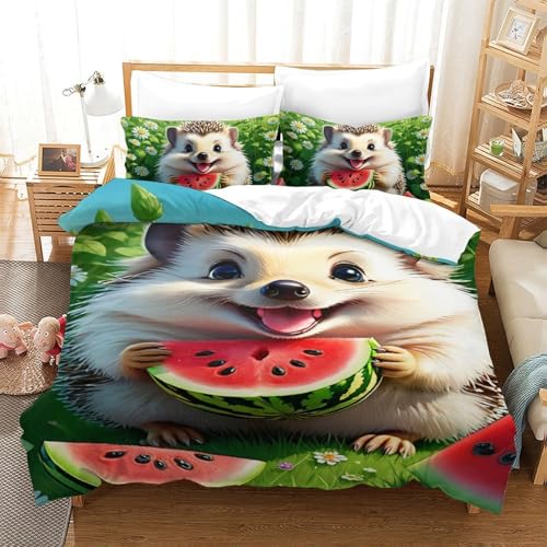 GXYUAOIEF Wassermelonen-Igel Bettdeckenhülle 3-teilig 3D Gedruckte Gras Bettbezug Bettwäsche Set Mit Kissenbezug Und Reißverschluss Für Schlafzimmer Dekor Single（140x200cm） von GXYUAOIEF