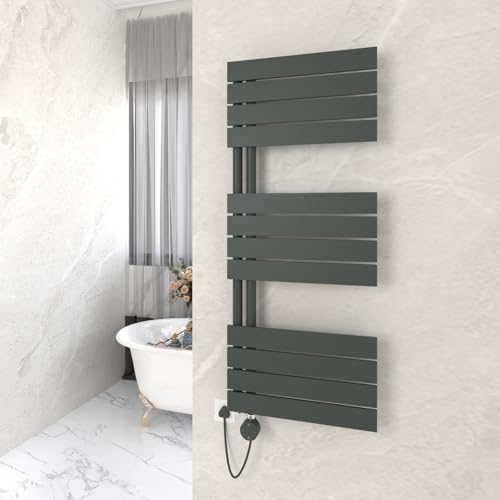 GY Bath Badheizkörper Elektrisch mit Thermostat 1200x500mm, Anthrazit Handtuchtrockner Elektrisch Flach Design Handtuchheizkörper Seitenanschluss mit Heizstab Timer Handtuchwärmer 800W von GY Bath