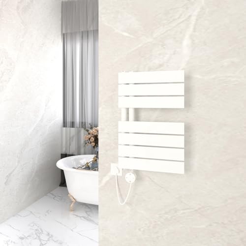 GY Bath Badheizkörper Elektrisch mit Thermostat 616x400mm, Weiß Handtuchtrockner Elektrisch Flach Design Handtuchheizkörper Seitenanschluss mit Heizstab Timer Handtuchwärmer 300W von GY Bath