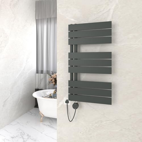 GY Bath Badheizkörper Elektrisch mit Thermostat 845x450mm, Anthrazit Handtuchtrockner Elektrisch Flach Design Handtuchheizkörper Seitenanschluss mit Heizstab Timer Handtuchwärmer 600W von GY Bath