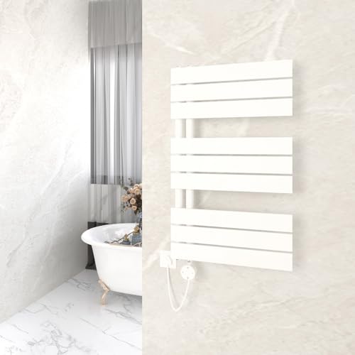 GY Bath Badheizkörper Elektrisch mit Thermostat 845x500mm, Weiß Handtuchtrockner Elektrisch Flach Design Handtuchheizkörper Seitenanschluss mit Heizstab Timer Handtuchwärmer 600W von GY Bath