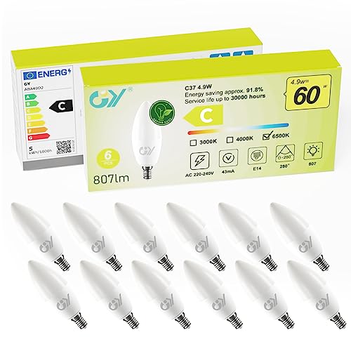 GY E14 LED Kaltweiss Lampe 4.9W 6500K 807 Lumen Kaltweiß Leuchtmittel,C37 Kerze Energiesparlampe 60W Halogenlampe ersetzt,Nicht Dimmbar LED Birnen,12 stück [Energieeffizienzklasse C] von GY