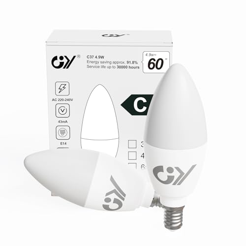 GY E14 LED Kaltweiss Lampe 4.9W 6500K 807 Lumen Kaltweiß Leuchtmittel,C37 Kerze Energiesparlampe 50W Halogenlampe ersetzt,Nicht Dimmbar LED Birnen,2 stück [Energieeffizienzklasse C] von GY