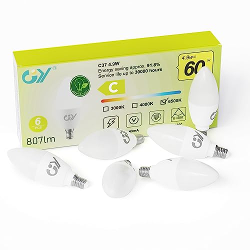 GY E14 LED Kaltweiss Lampe 4.9W 6500K 807 Lumen Kaltweiß Leuchtmittel,C37 Kerze Energiesparlampe 50W lampe ersetzt,Nicht Dimmbar LED Birnen,6 stück [Energieeffizienzklasse C] von GY